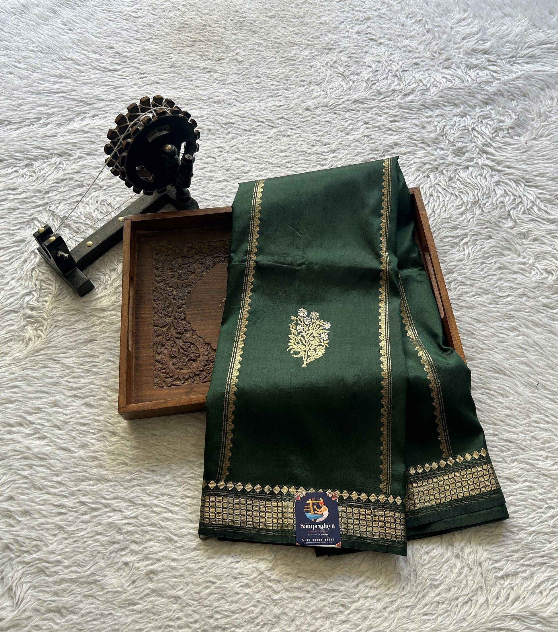 Banarasi Katan Silk Saree Dark Green Colored Elegantly Paired with a Zari border. - Sampradaya Designer Studio