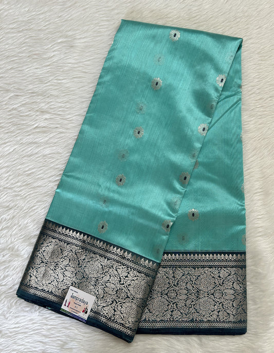 Chanderi Pattu Saree Sea Blue colored saree complemented with a Dark Grey Kanchi Border - Sampradaya Designer Studio