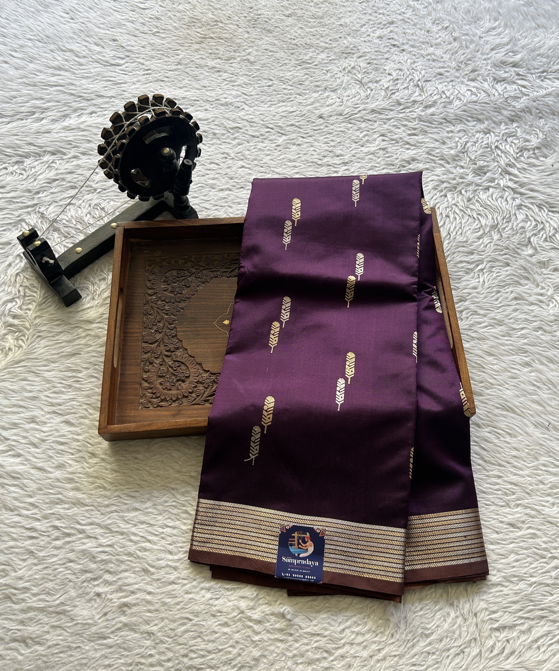 Banarasi Katan Silk Saree Deep Violet Colored Elegantly Paired with a Zari border. - Sampradaya Designer Studio