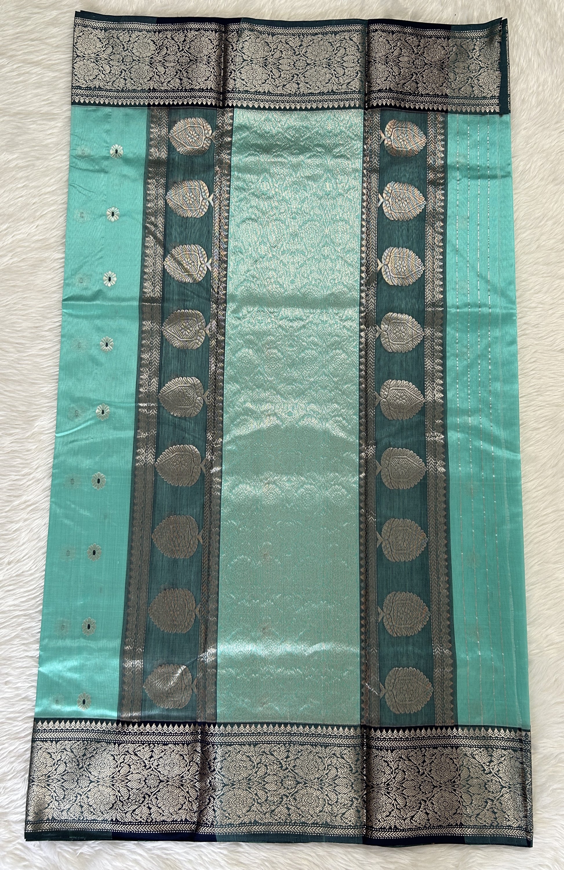 Chanderi Pattu Saree Sea Blue colored saree complemented with a Dark Grey Kanchi Border - Sampradaya Designer Studio