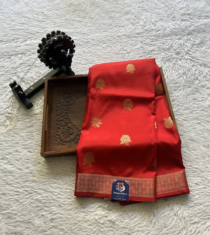 Banarasi Katan Silk Saree Red Colored Elegantly Paired with a Zari border. - Sampradaya Designer Studio