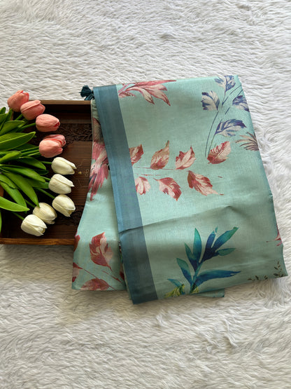 Semi Tussar Saree Sky Blue Colored complemented with a Zari Border. - Sampradaya Designer Studio