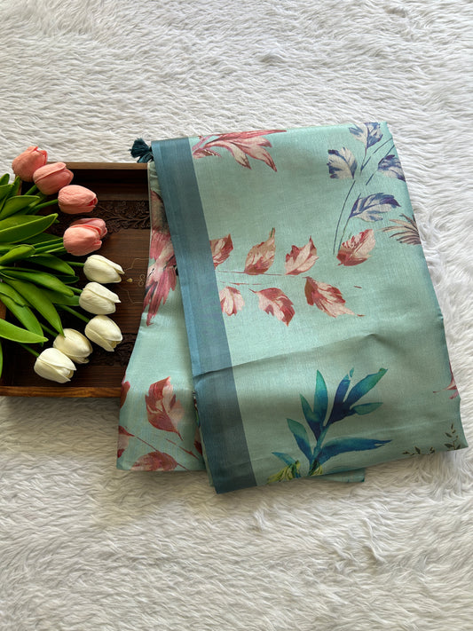 Semi Tussar Saree Sky Blue Colored complemented with a Zari Border. - Sampradaya Designer Studio