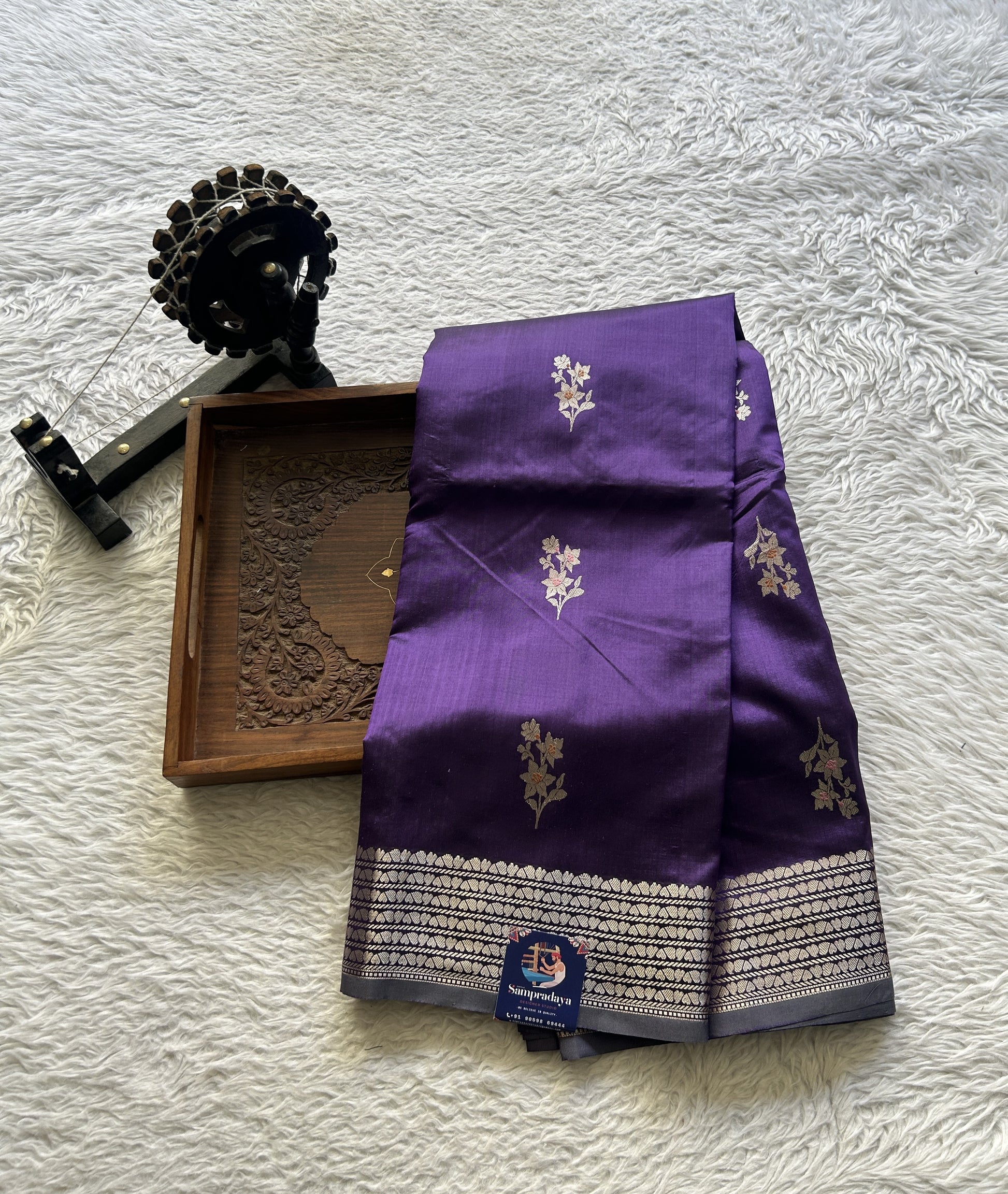 Banarasi Katan Silk Saree Violet Colored Elegantly Paired with a Zari border. - Sampradaya Designer Studio