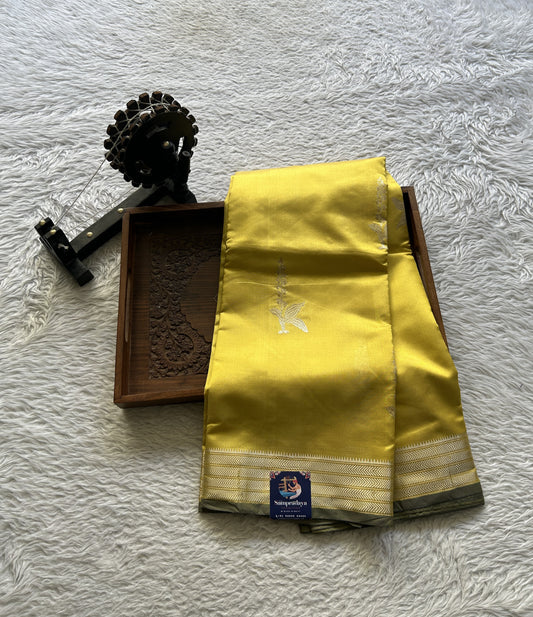 Banarasi Katan Silk Saree Canary Colored Elegantly Paired with a Zari border. - Sampradaya Designer Studio