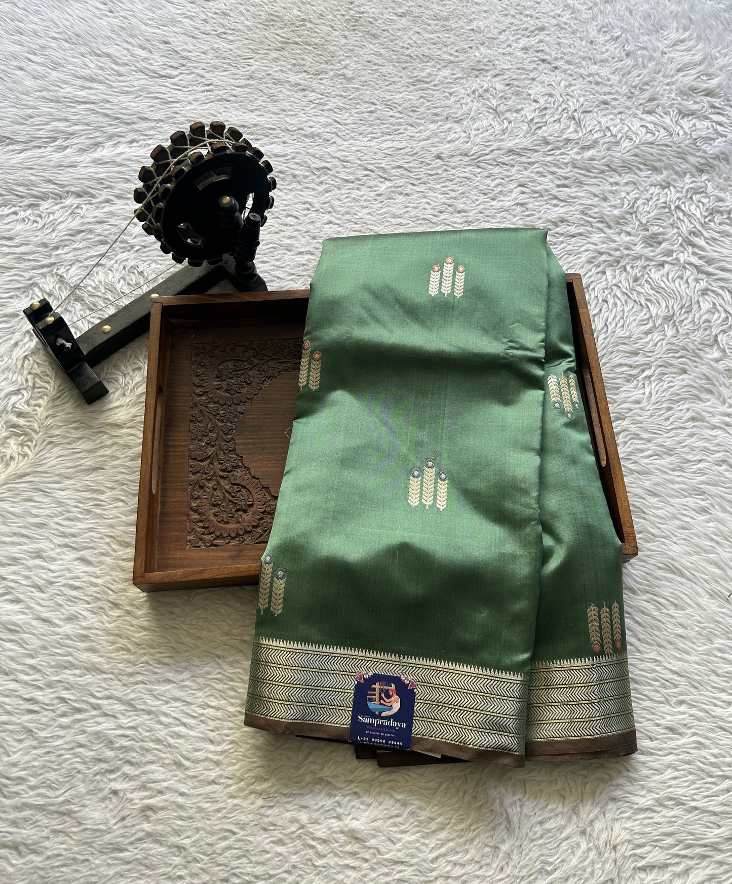 Banarasi Katan Silk Saree Sea Green Colored Elegantly Paired with a Zari border. - Sampradaya Designer Studio