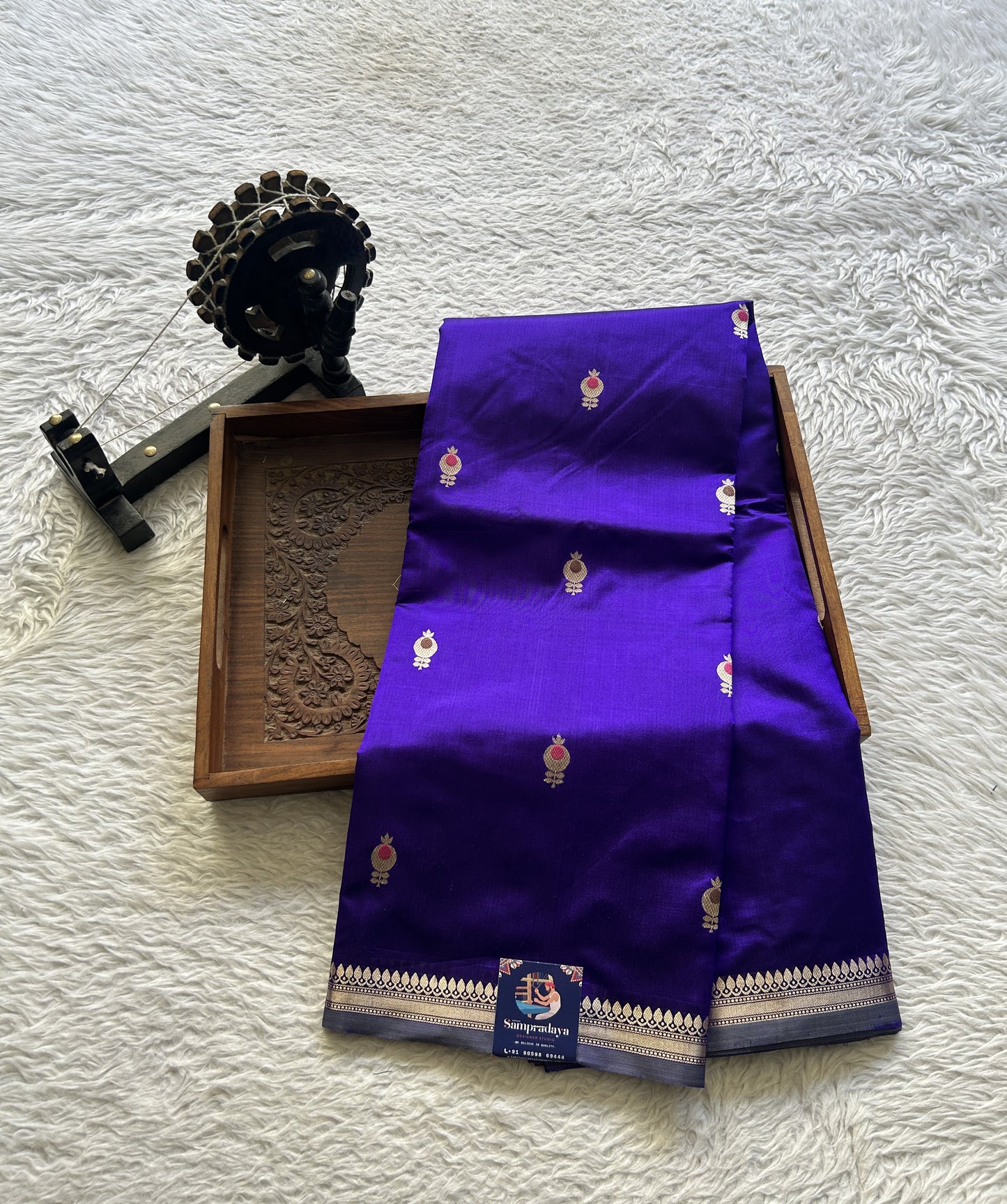 Banarasi Katan Silk Saree Deep Blue Colored Elegantly Paired with a Zari border. - Sampradaya Designer Studio