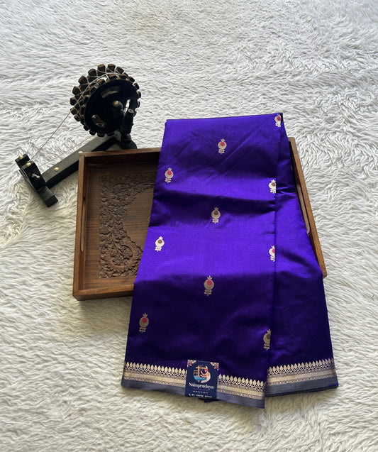Banarasi Katan Silk Saree Deep Blue Colored Elegantly Paired with a Zari border. - Sampradaya Designer Studio