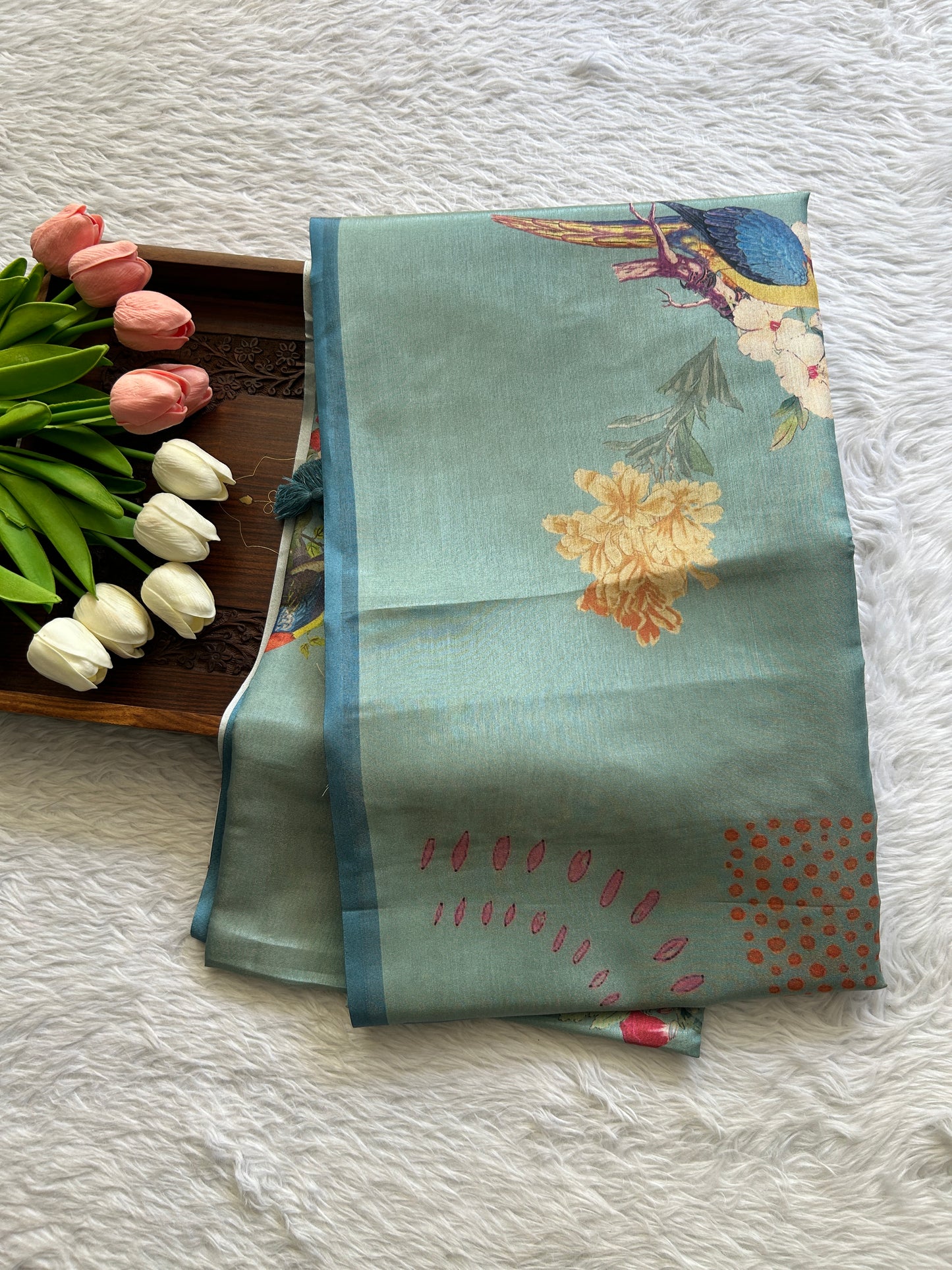 Semi Tussar Saree Sea Blue Colored complemented with a Zari Border. - Sampradaya Designer Studio