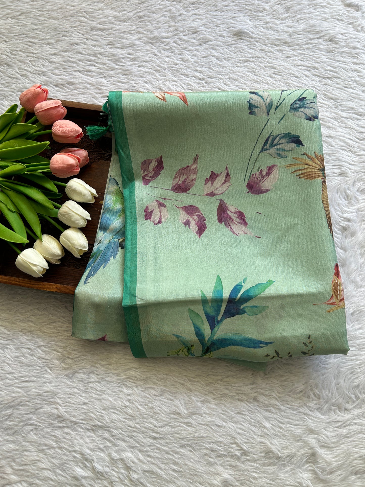 Semi Tussar Saree Sea Green Colored complemented with a Zari Border. - Sampradaya Designer Studio