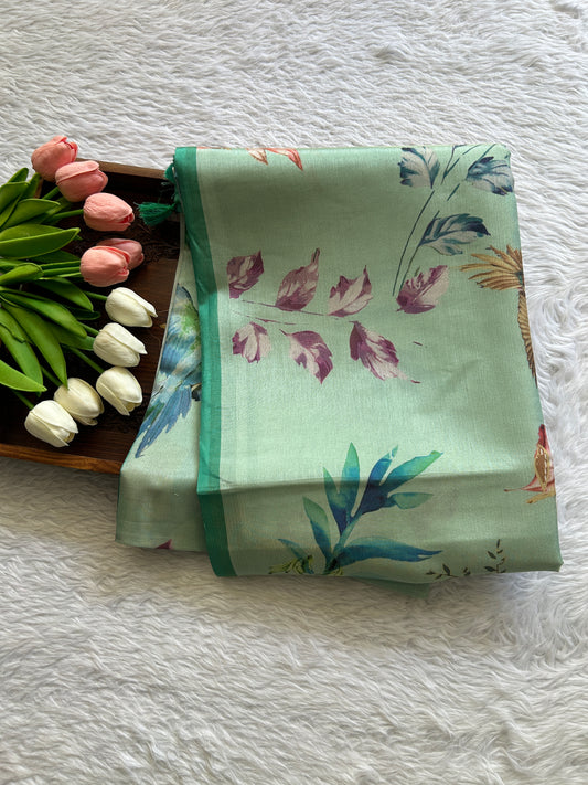 Semi Tussar Saree Sea Green Colored complemented with a Zari Border. - Sampradaya Designer Studio