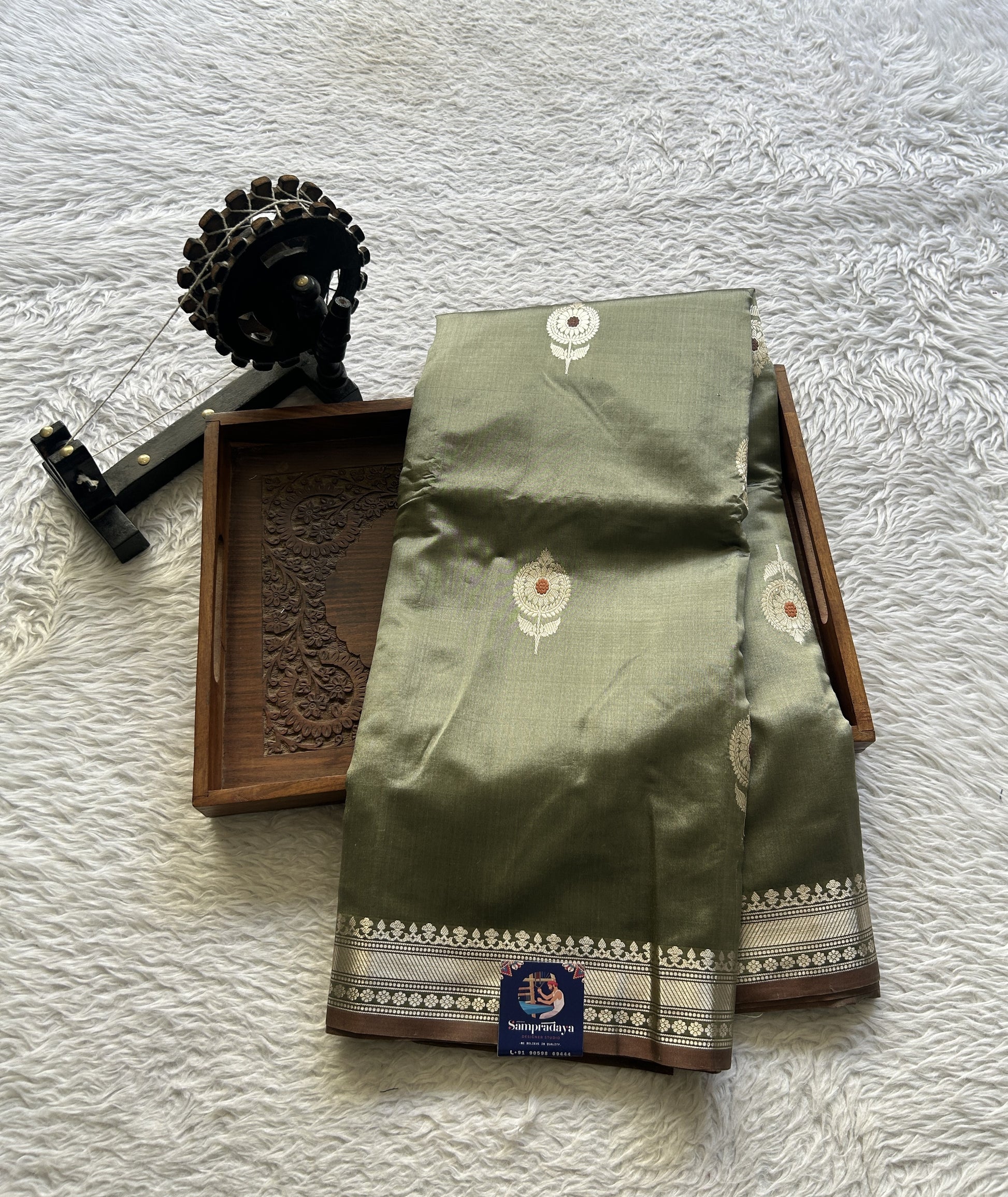 Banarasi Katan Silk Saree Light Gray Colored Elegantly Paired with a Zari border. - Sampradaya Designer Studio