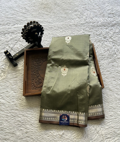 Banarasi Katan Silk Saree Light Gray Colored Elegantly Paired with a Zari border. - Sampradaya Designer Studio