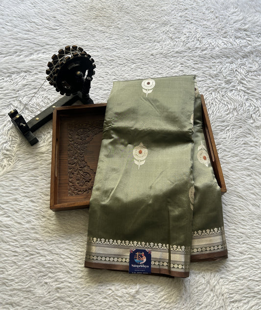 Banarasi Katan Silk Saree Light Gray Colored Elegantly Paired with a Zari border. - Sampradaya Designer Studio