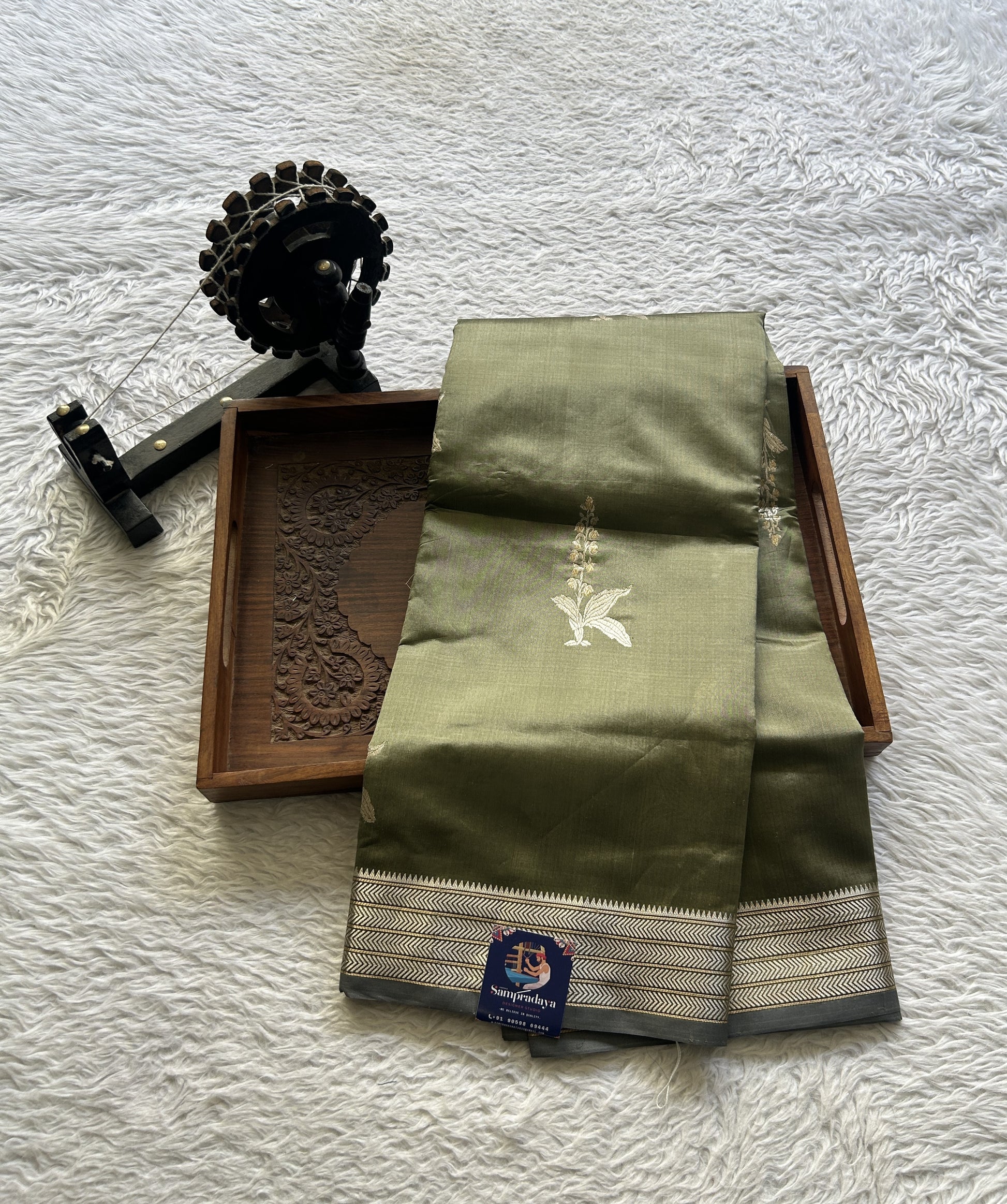 Banarasi Katan Silk Saree Cement Colored Elegantly Paired with a Zari border. - Sampradaya Designer Studio