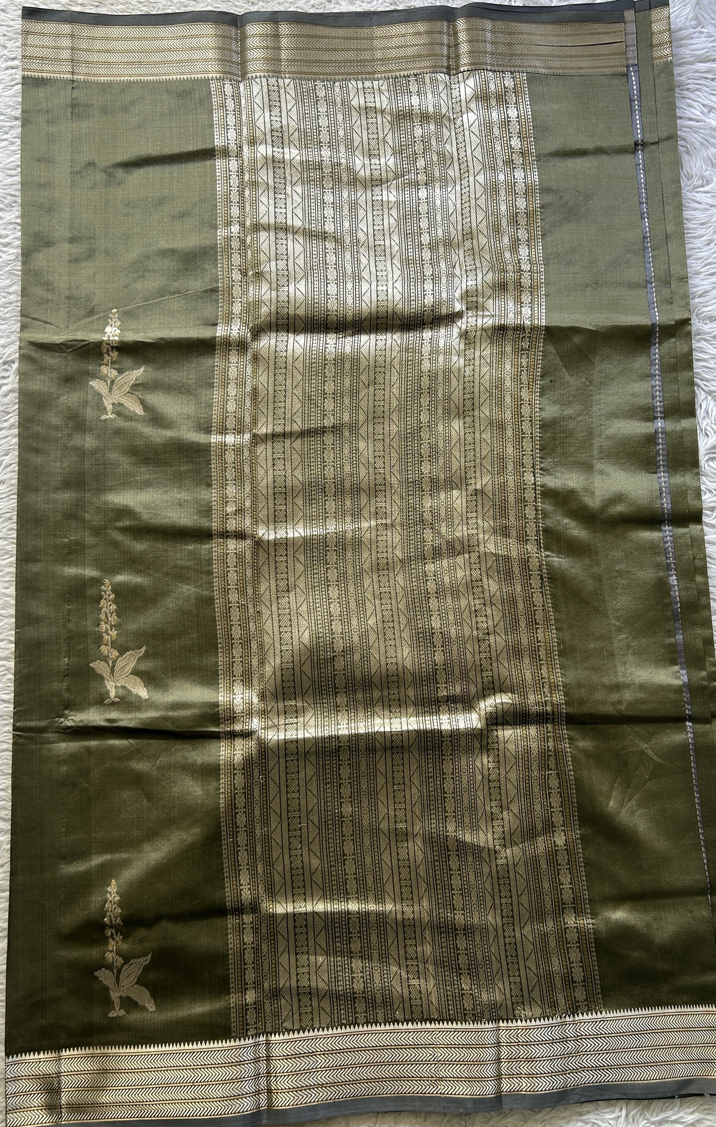 Banarasi Katan Silk Saree Cement Colored Elegantly Paired with a Zari border. - Sampradaya Designer Studio