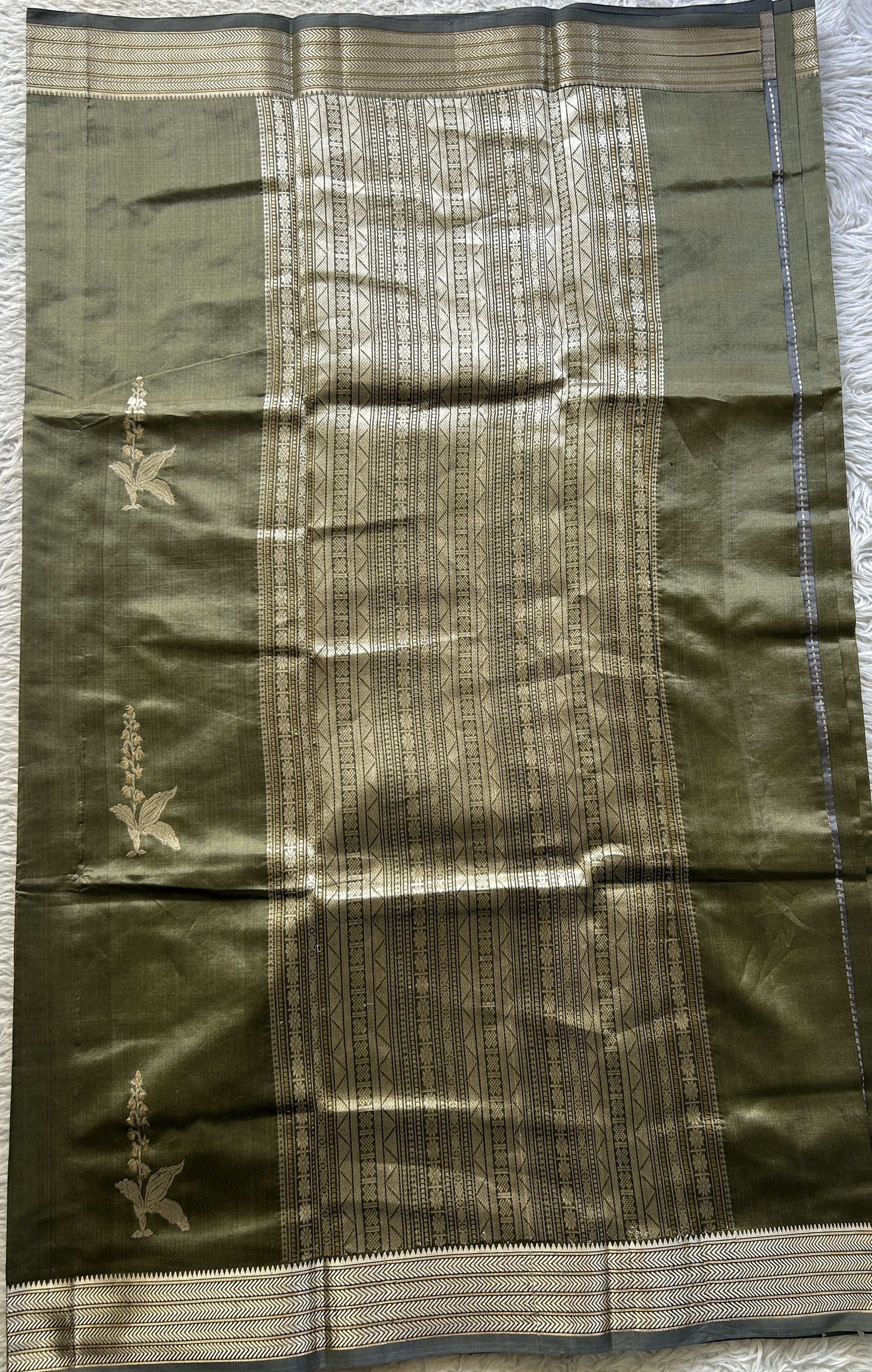 Banarasi Katan Silk Saree Cement Colored Elegantly Paired with a Zari border. - Sampradaya Designer Studio