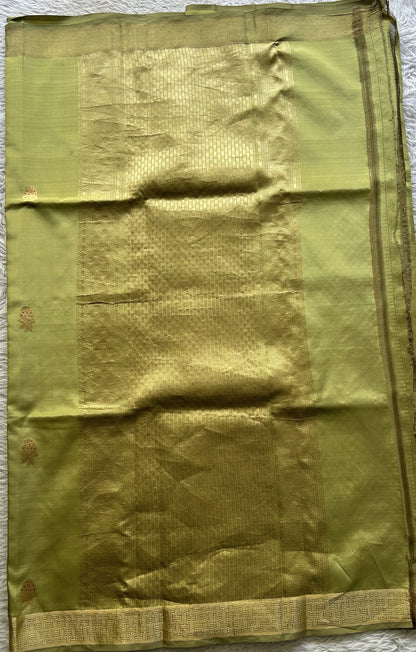 Banarasi Katan Silk Saree Light Olive Green Colored Elegantly Paired with a Zari border. - Sampradaya Designer Studio