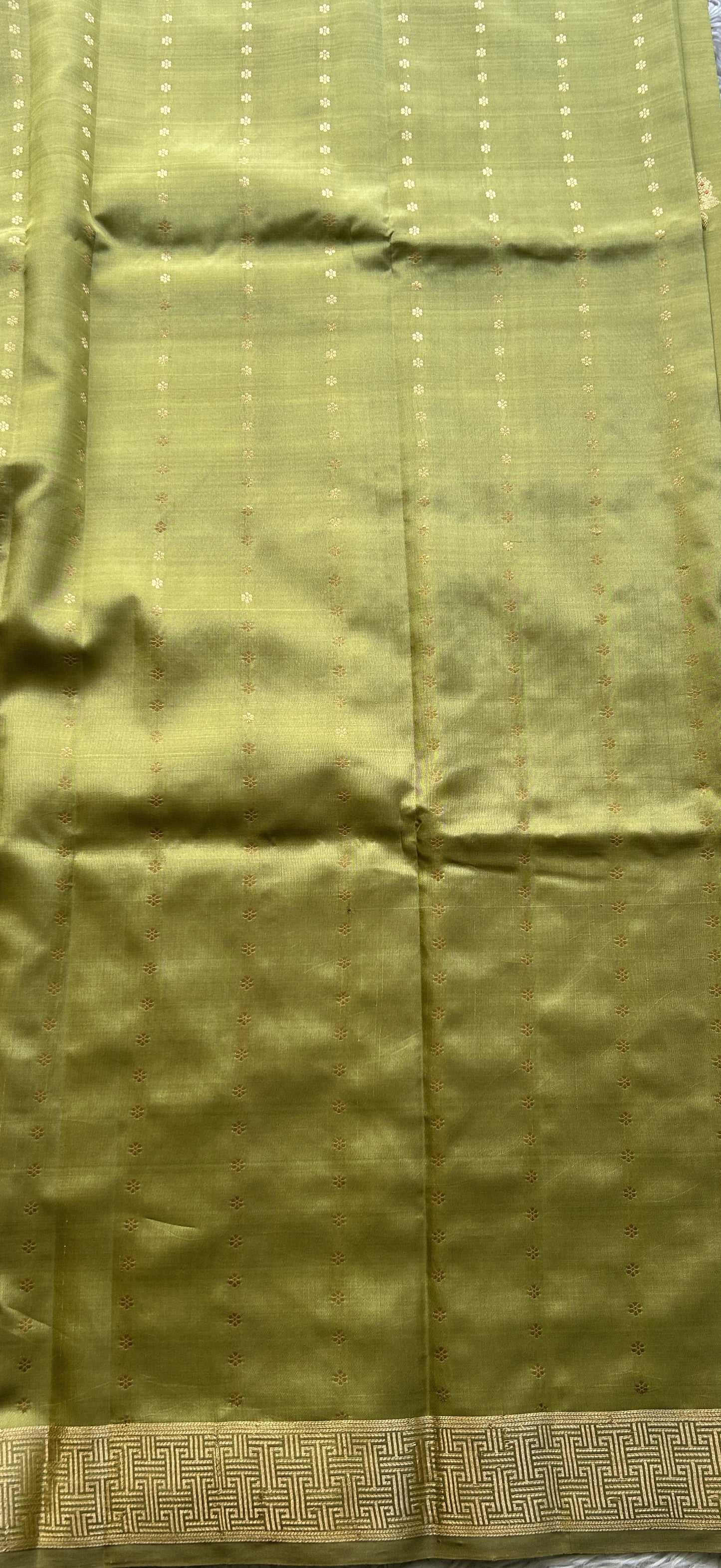 Banarasi Katan Silk Saree Light Olive Green Colored Elegantly Paired with a Zari border. - Sampradaya Designer Studio