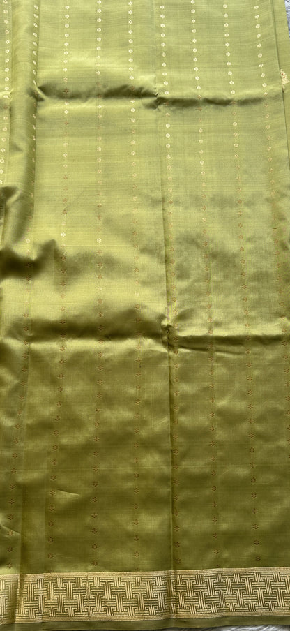 Banarasi Katan Silk Saree Light Olive Green Colored Elegantly Paired with a Zari border. - Sampradaya Designer Studio