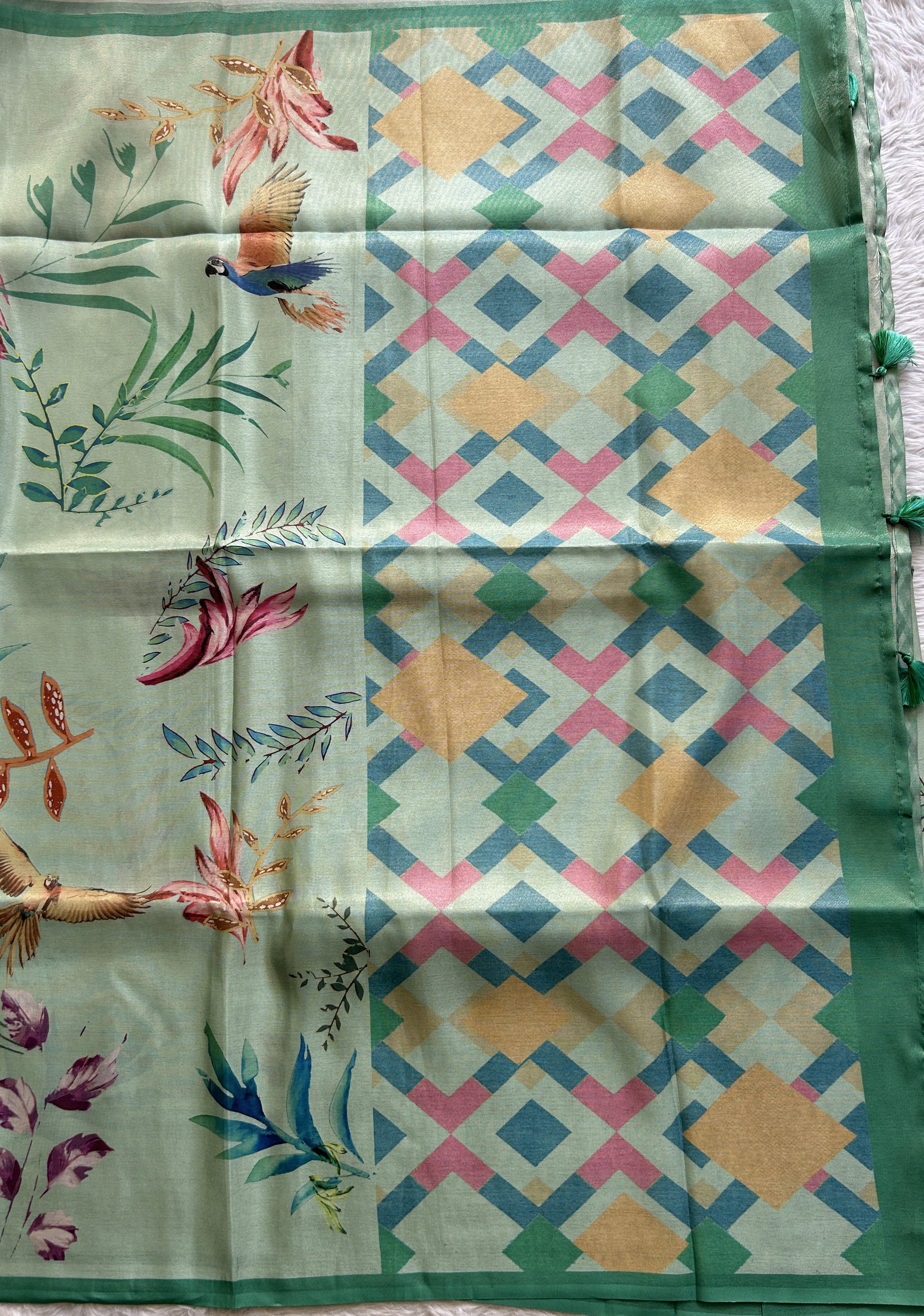 Semi Tussar Saree Sea Green Colored complemented with a Zari Border. - Sampradaya Designer Studio