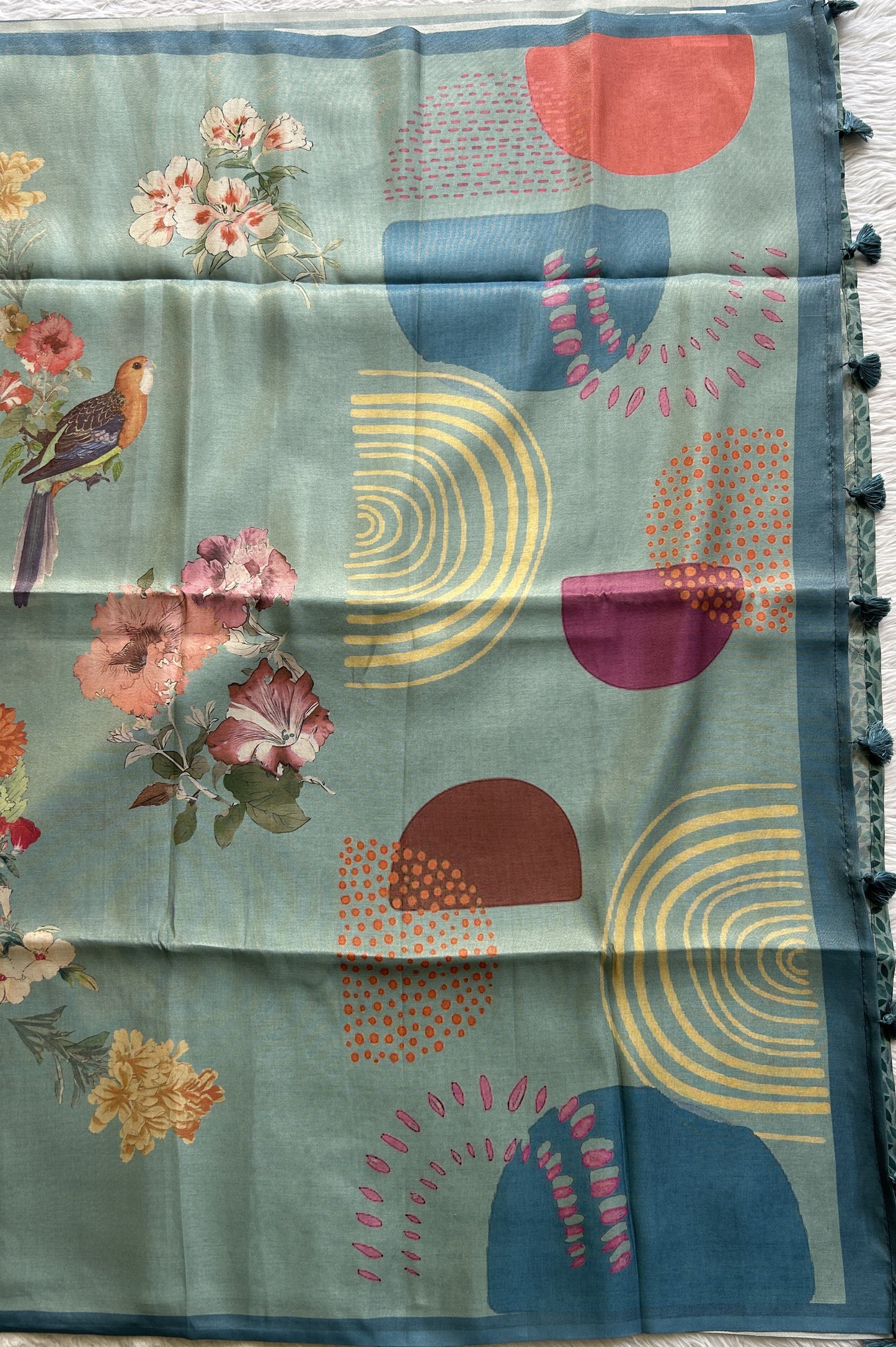 Semi Tussar Saree Sea Blue Colored complemented with a Zari Border. - Sampradaya Designer Studio