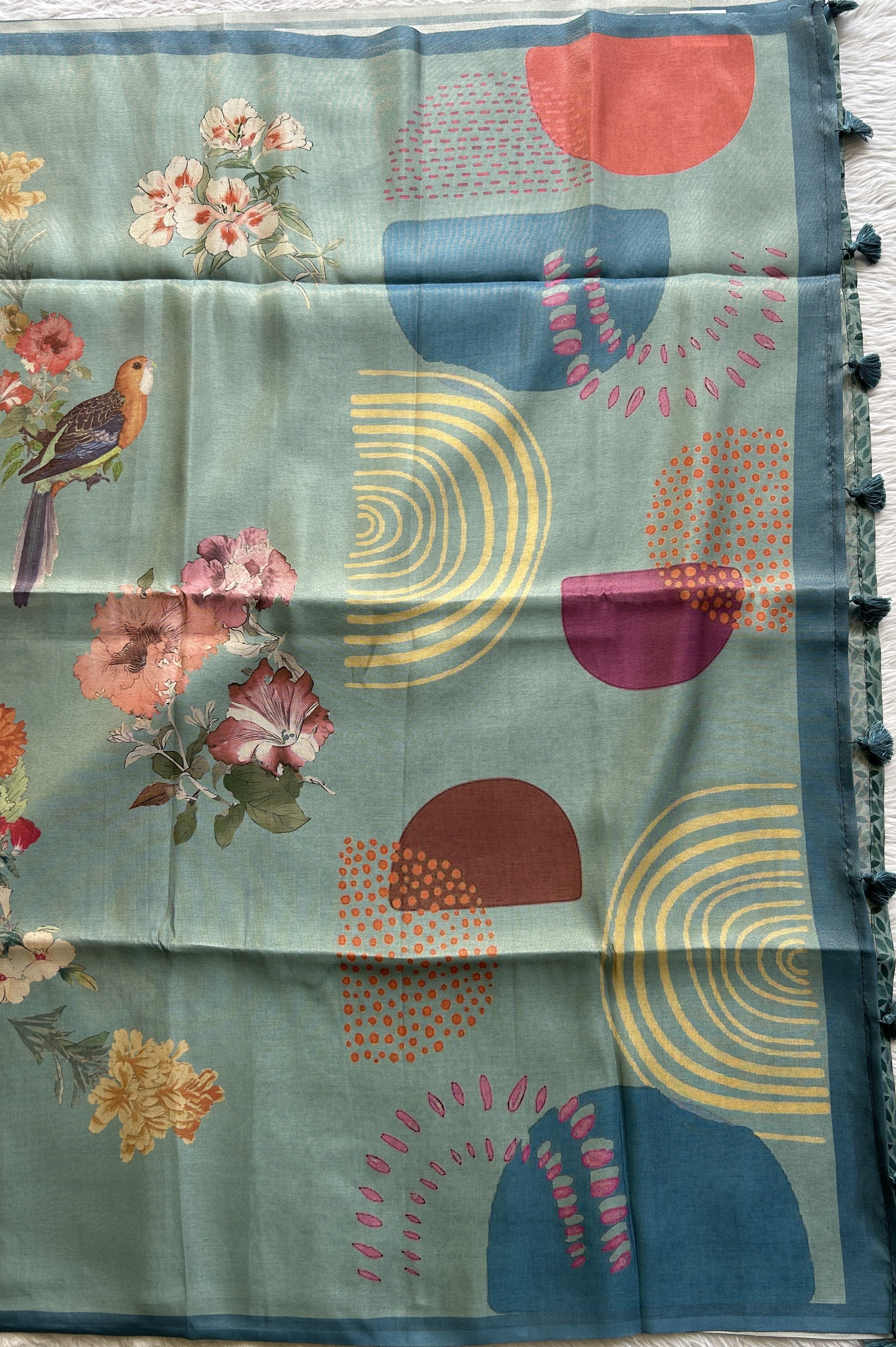 Semi Tussar Saree Sea Blue Colored complemented with a Zari Border. - Sampradaya Designer Studio