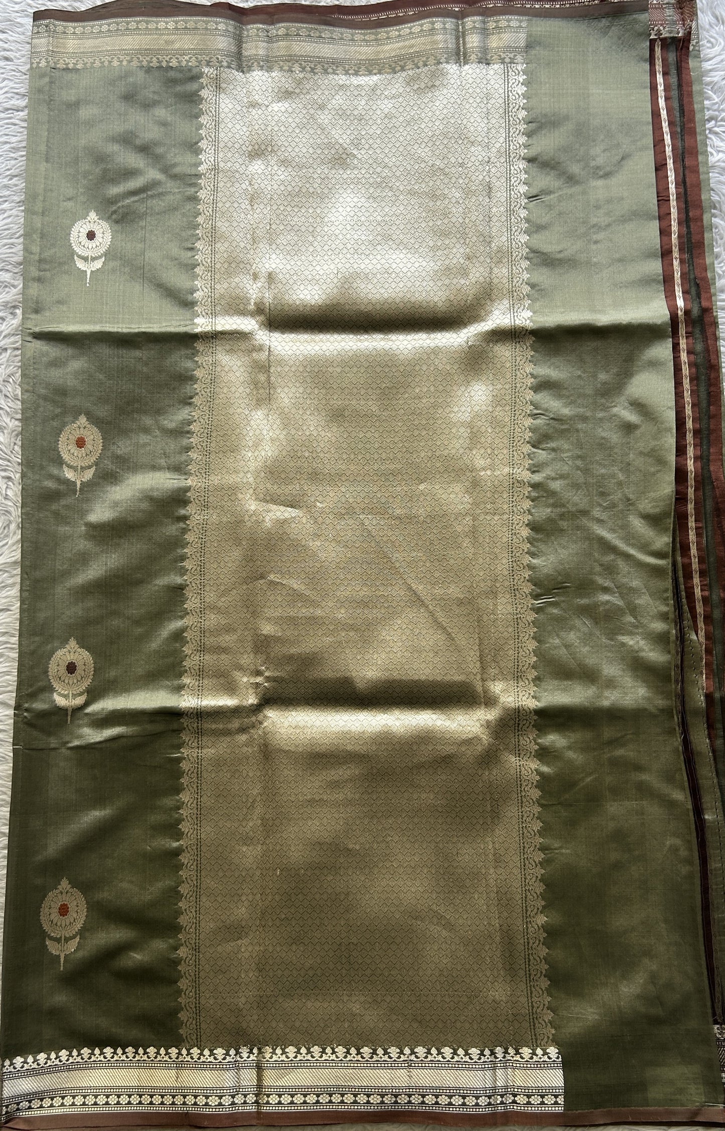 Banarasi Katan Silk Saree Light Gray Colored Elegantly Paired with a Zari border. - Sampradaya Designer Studio