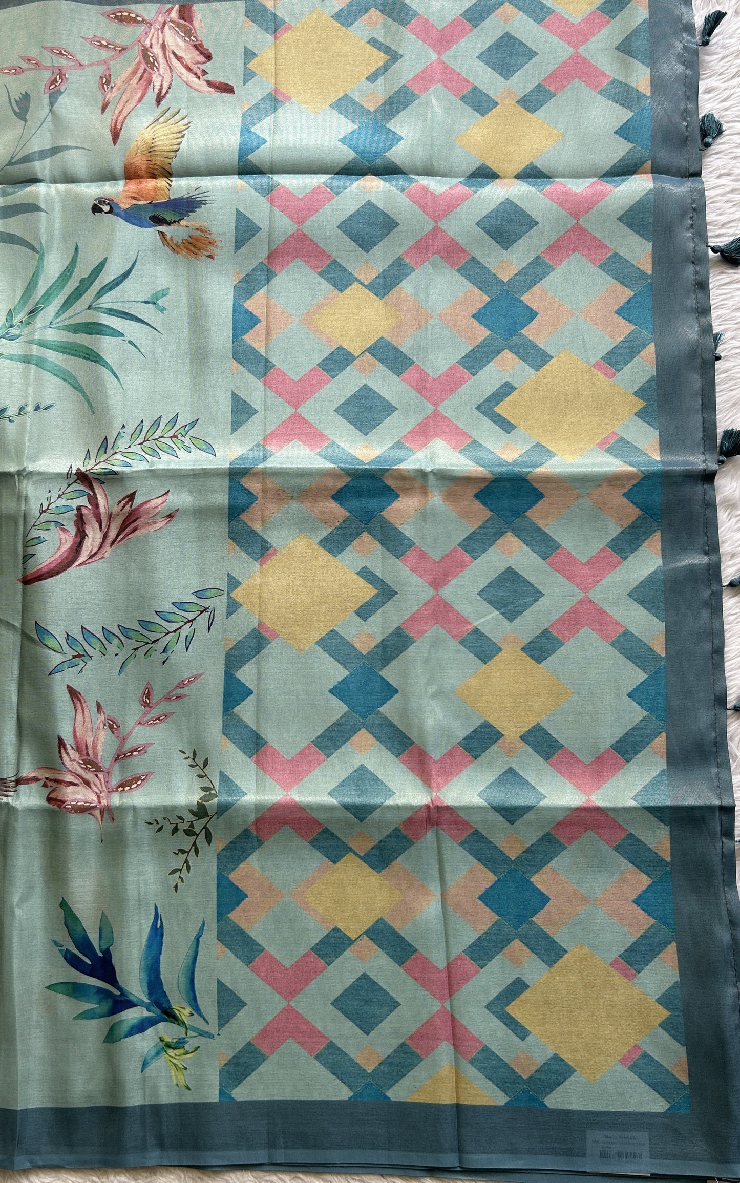 Semi Tussar Saree Sky Blue Colored complemented with a Zari Border. - Sampradaya Designer Studio