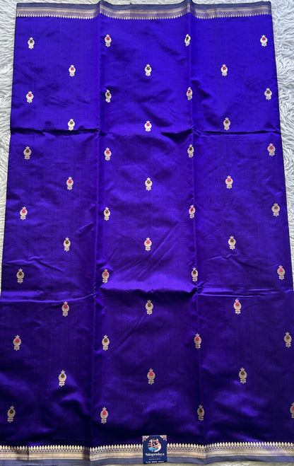 Banarasi Katan Silk Saree Deep Blue Colored Elegantly Paired with a Zari border. - Sampradaya Designer Studio