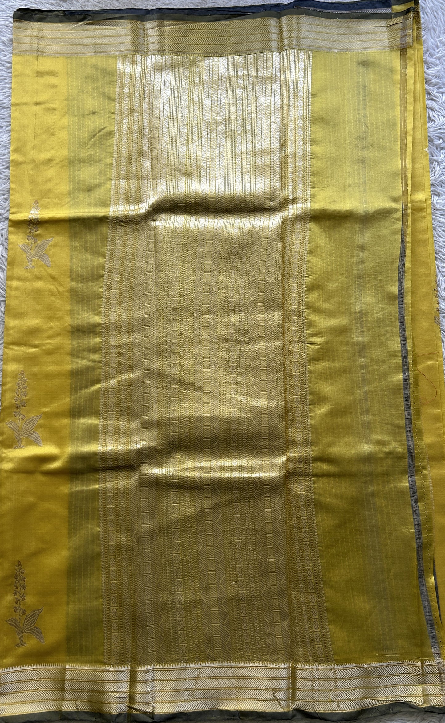 Banarasi Katan Silk Saree Canary Colored Elegantly Paired with a Zari border. - Sampradaya Designer Studio