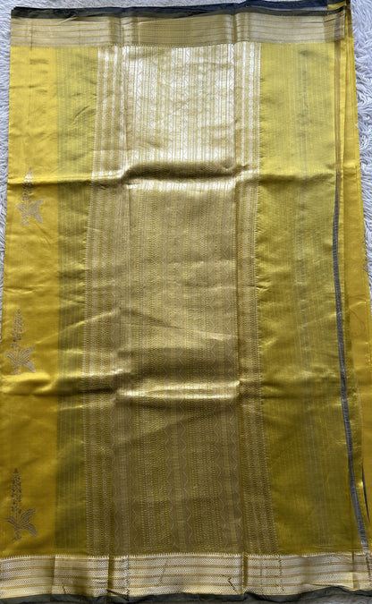 Banarasi Katan Silk Saree Canary Colored Elegantly Paired with a Zari border. - Sampradaya Designer Studio