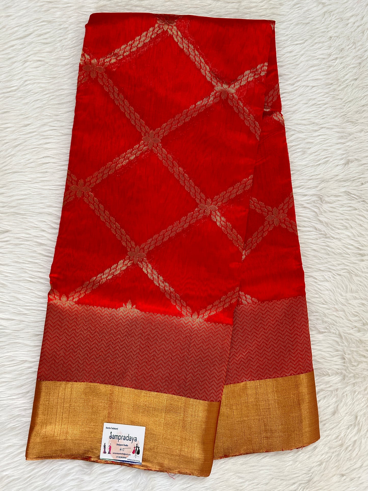 Chanderi Pattu Saree Red colored saree complemented with a Gold Zari Border - Sampradaya Designer Studio