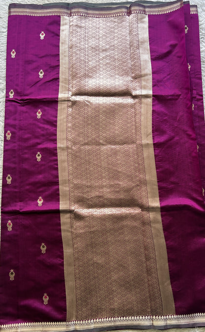 Banarasi Katan Silk Saree Dark Pink Colored Elegantly Paired with a Zari border. - Sampradaya Designer Studio