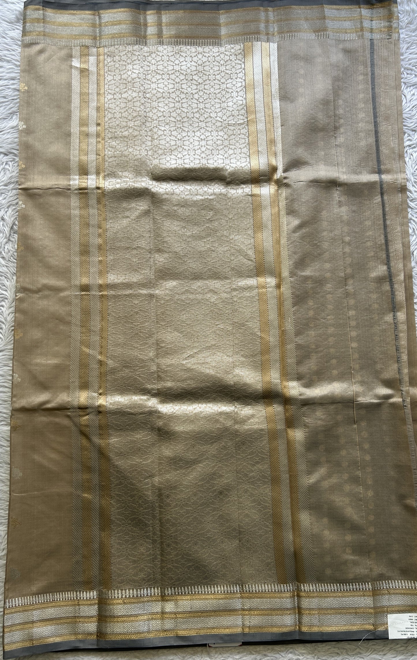 Banarasi Katan Silk Saree Beige Colored Elegantly Paired with a Zari border. - Sampradaya Designer Studio