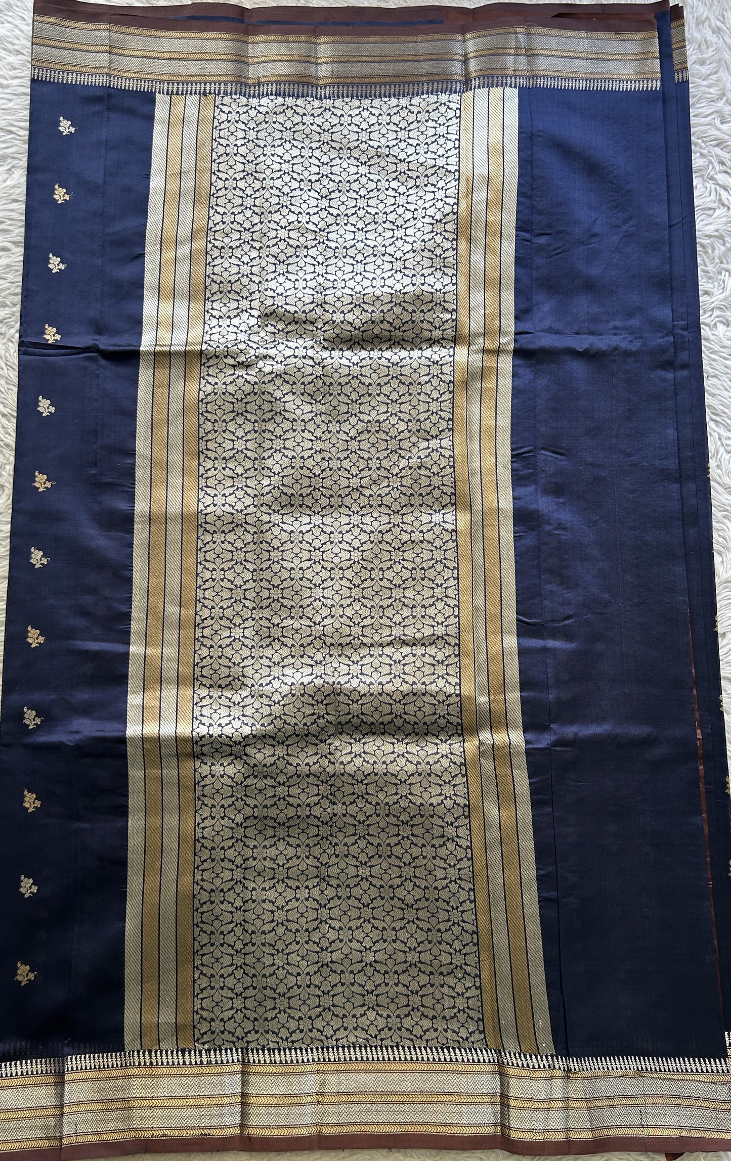 Banarasi Katan Silk Saree Ink Blue Colored Elegantly Paired with a Zari border. - Sampradaya Designer Studio