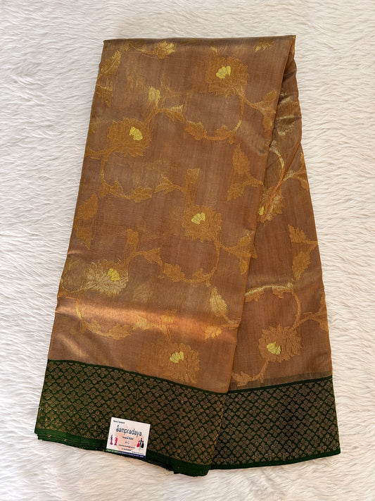 Chanderi Pattu Saree Light Brown colored saree complemented with a Dark Green Gold Zari Border - Sampradaya Designer Studio