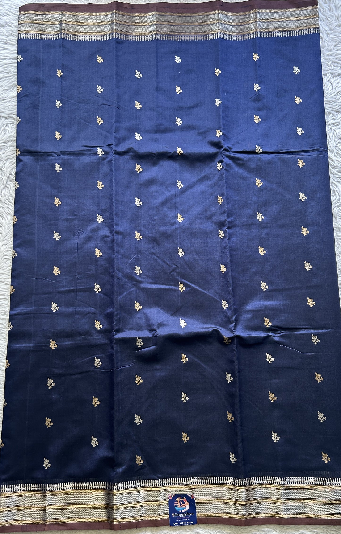 Banarasi Katan Silk Saree Ink Blue Colored Elegantly Paired with a Zari border. - Sampradaya Designer Studio