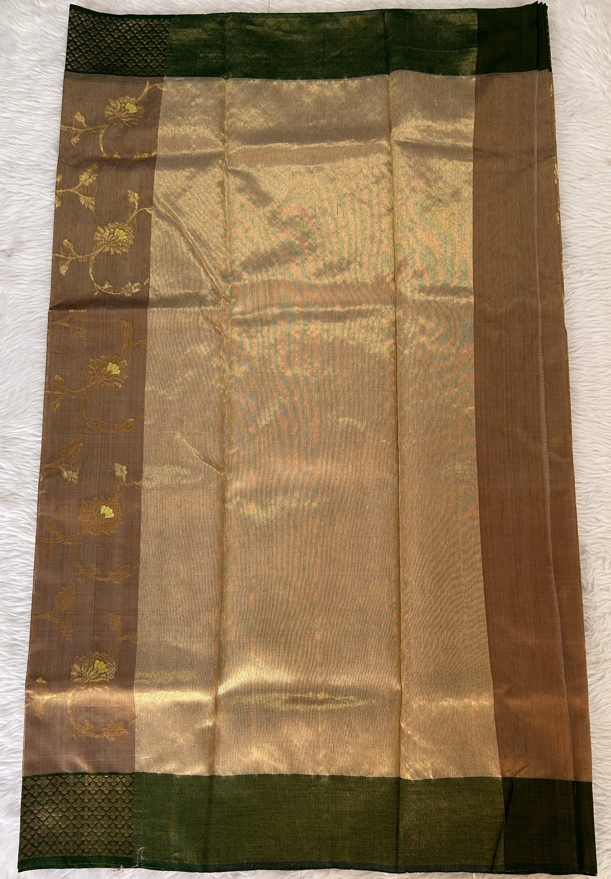 Chanderi Pattu Saree Light Brown colored saree complemented with a Dark Green Gold Zari Border - Sampradaya Designer Studio