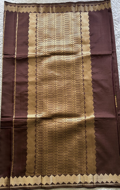 Banarasi Katan Silk Saree Brown Colored Elegantly Paired with a Zari border. - Sampradaya Designer Studio