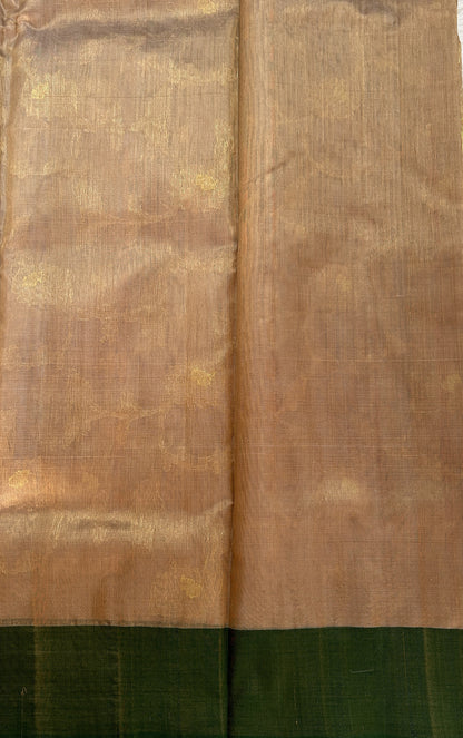 Chanderi Pattu Saree Light Brown colored saree complemented with a Dark Green Gold Zari Border - Sampradaya Designer Studio