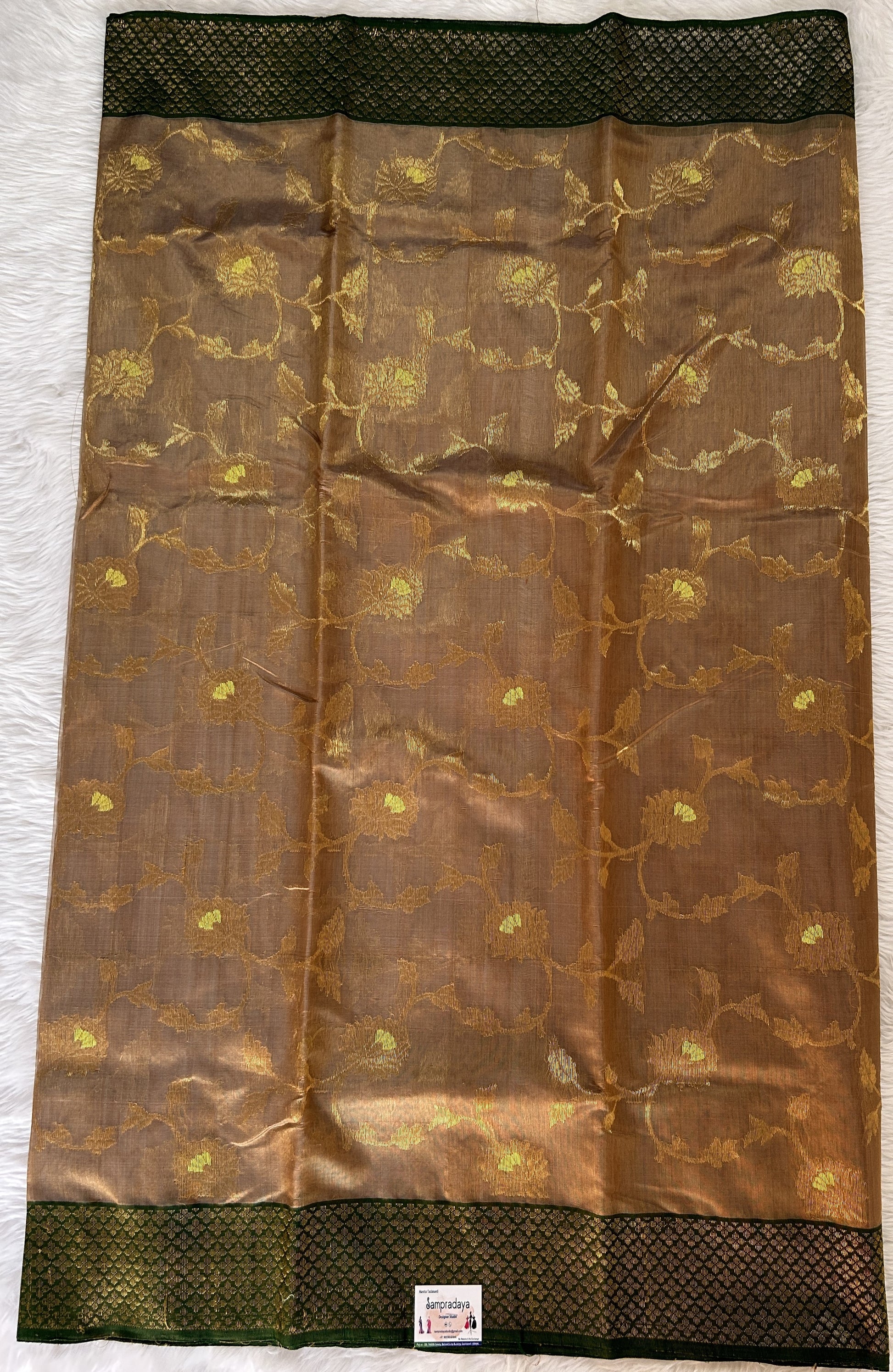 Chanderi Pattu Saree Light Brown colored saree complemented with a Dark Green Gold Zari Border - Sampradaya Designer Studio