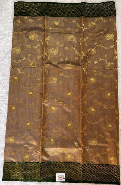 Chanderi Pattu Saree Light Brown colored saree complemented with a Dark Green Gold Zari Border - Sampradaya Designer Studio