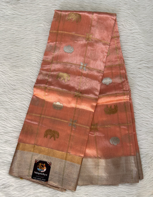 Chanderi Pattu Saree Peach colored saree complemented with a Silver Zari Border - Sampradaya Designer Studio