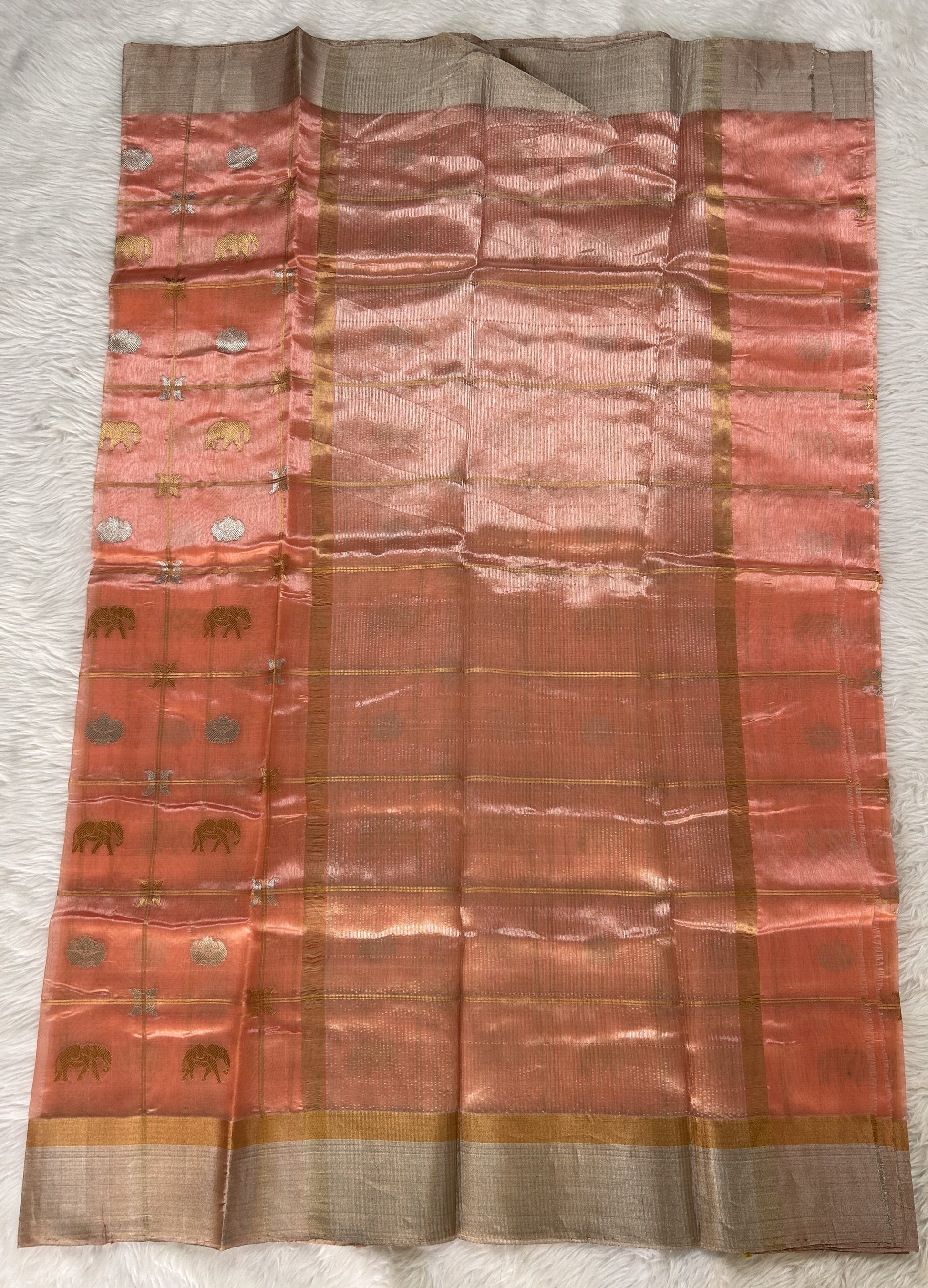 Chanderi Pattu Saree Peach colored saree complemented with a Silver Zari Border - Sampradaya Designer Studio