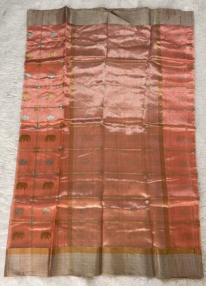 Chanderi Pattu Saree Peach colored saree complemented with a Silver Zari Border - Sampradaya Designer Studio