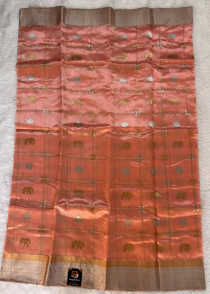 Chanderi Pattu Saree Peach colored saree complemented with a Silver Zari Border - Sampradaya Designer Studio