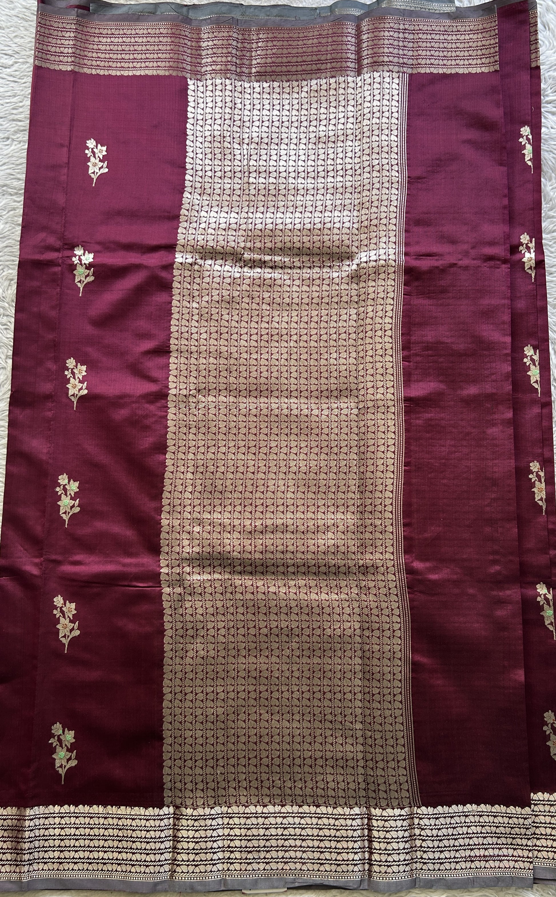 Banarasi Katan Silk Saree Burgundy Colored Elegantly Paired with a Zari border. - Sampradaya Designer Studio