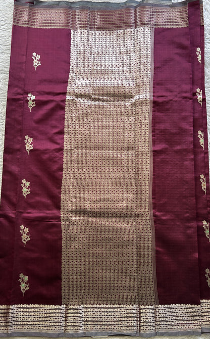 Banarasi Katan Silk Saree Burgundy Colored Elegantly Paired with a Zari border. - Sampradaya Designer Studio