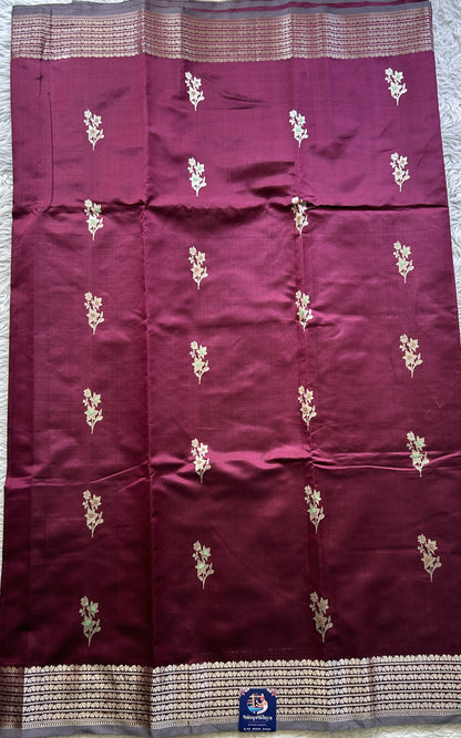Banarasi Katan Silk Saree Burgundy Colored Elegantly Paired with a Zari border. - Sampradaya Designer Studio